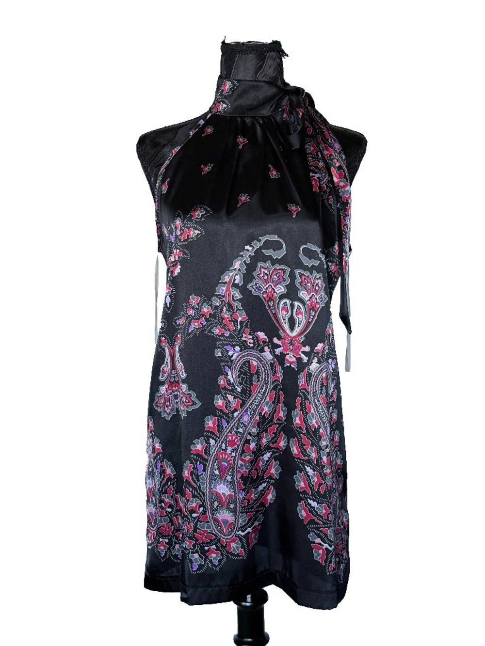VINTAGE Twenty One Paisley Satin Halter Dress • Black Magenta Tie Neck Backless